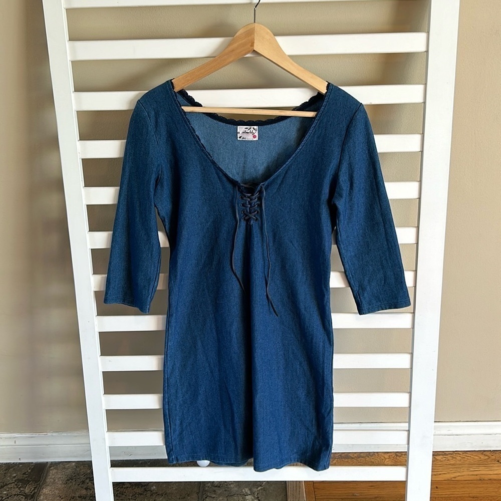 Intimately Free People Mini Dress Lace up 3/4 Sleeve Blue Size Small